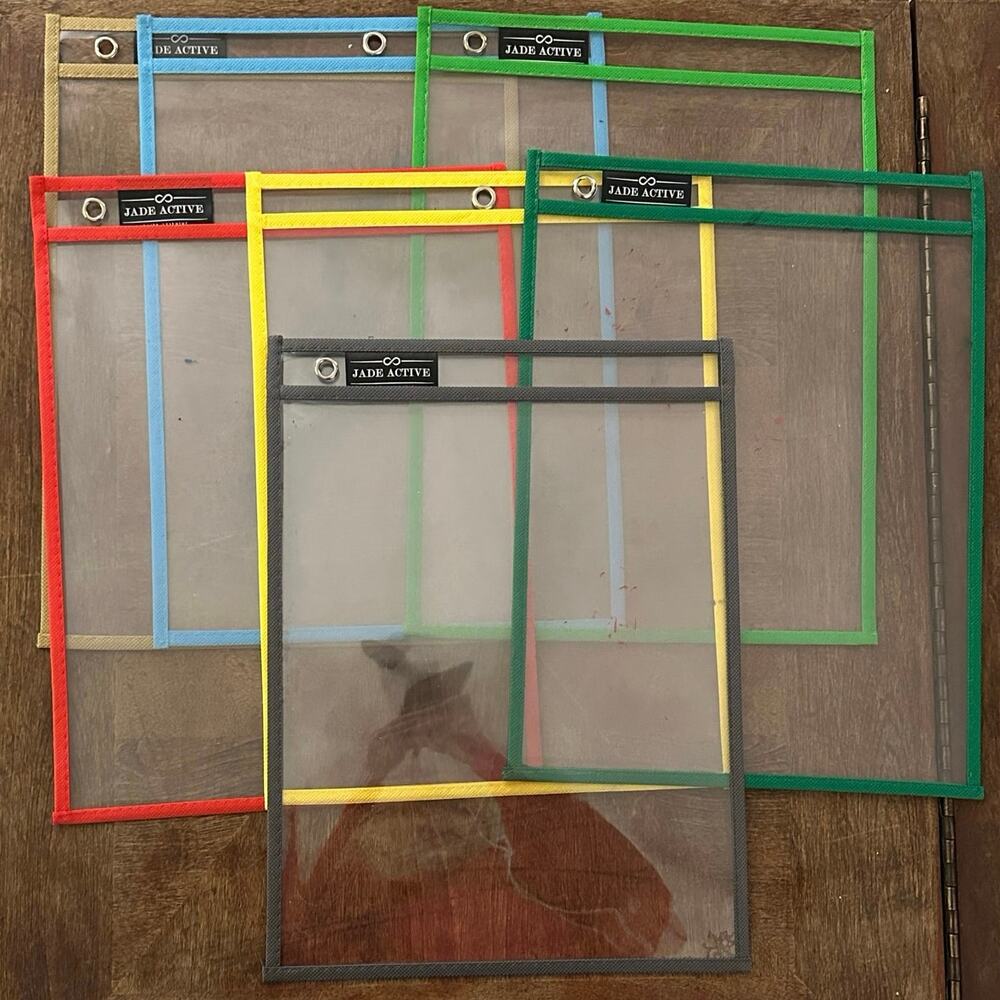 Dry Erase Pockets – Mixed Colors – Used – Reusable Classroom Sleeves (set of 7)